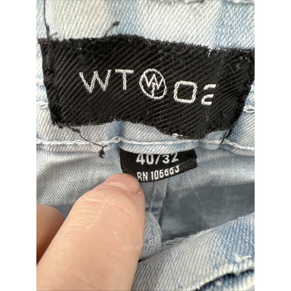 WT02 Jeans Mens 40x31 Blue Acid Wash Stretch Urban Streetwear Straight Fit Distr - Picture 3 of 9